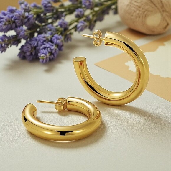 🆕️Chunky C Hoop Earrings 18K Gold Plated Stainless Steel Statement Modern - Picture 1 of 12
